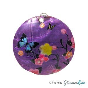 Painted Mother Of Pearl Shell Butterflies Floral Purple Art Round Pendant